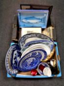 Two boxes of antique blue and white willow pattern dinner wares, antiquarian framed pictures,