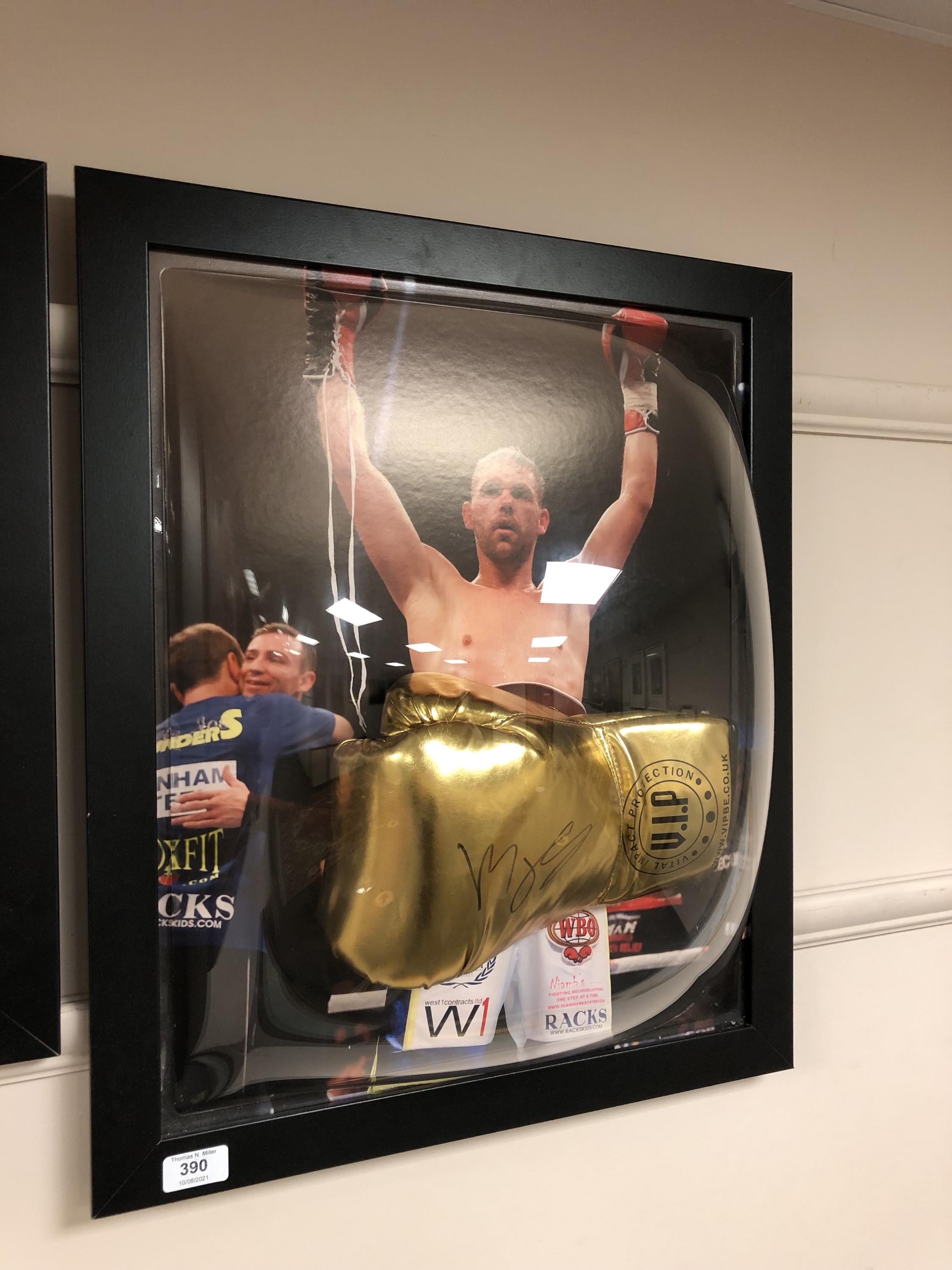 A sporting memorabilia montage : A signed gold VIP boxing glove, Billy Joe Saunders,