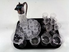 A tray of 20th century glassware to include serving tray, silver plate mounted claret jug,