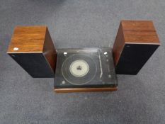 A teak cased Bang & Olfsen Beogram 1500 turn table and a pair of Beovox 2702 speakers