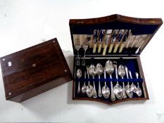 A Victorian rosewood and mother of pearl inlaid jewellery box together with an oak cased canteen of