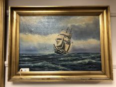 Continental School : Clipper in choppy waters, oil on canvas, 63 cm x 42 cm.