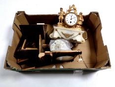 A box of French gilt metal and alabaster figural mantel clock (as found),