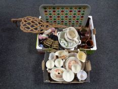 Two boxes containing a quantity of English porcelain tea and dinner ware, walking canes,