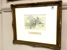 Myles Birket Foster : Thatched Cottages, pencil sketch, 16 cm x 11 cm, signed lower left, framed.