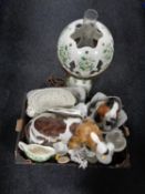 Two boxes containing pottery ornaments of basset hounds, porcelain oil lamp (wired for electricity),