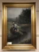 Continental School : A boy and a dog fishing by a stream, oil on canvas,