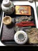 A tray containing two Chinese porcelain ginger jars, religious icon, sealing wax,