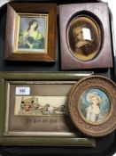 A watercolour portrait miniature of a lady wearing a bonnet together with two further portraits and