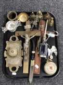 A tray of crucifixes, brass bells, desk stand,