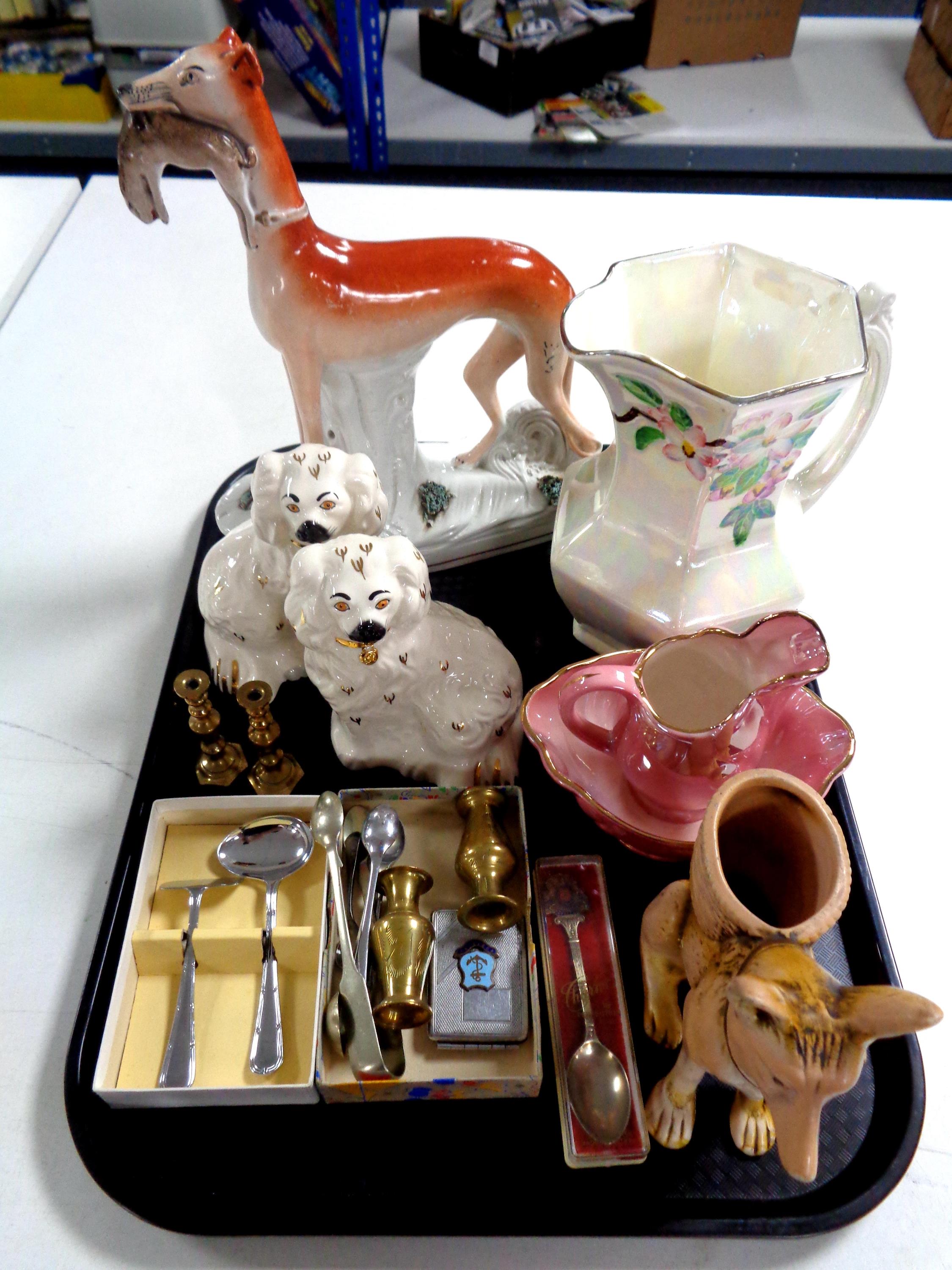 A tray of Staffordshire dogs, figure of a greyhound with hare, Maling cream jug and sugar basin,