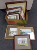 A box of assorted pictures and prints, signed prints, watercolour, Bridge in Winter landscape,