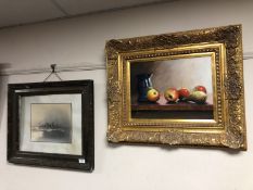 An oil on canvas still life of apples in gilt frame together with an early 20th century framed