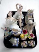 A tray of china posies, figurines, two Lladro figures,