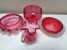 Four pieces of antique cranberry glass