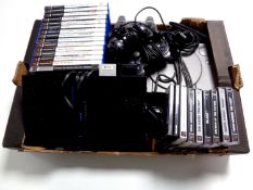 A box of Sony Play Station and Playstation 2 with leads,