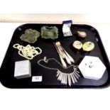 A tray containing silver and costume jewellery, two enamelled pill boxes,