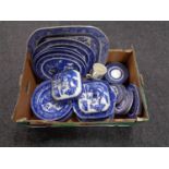 A box of antique and later Willow pattern dinner ware, tea ware,