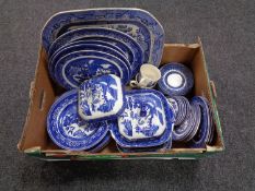 A box of antique and later Willow pattern dinner ware, tea ware,