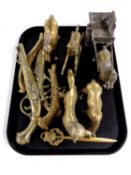 A tray of assorted brass ornaments, horse and cart, Scottish letter opener,