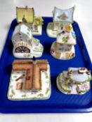 A tray of six Coalport china house ornaments and pastille burners