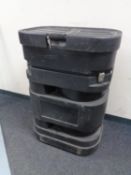 A hard plastic storage box on castors