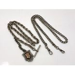 Two silver watch chains, one with T-bar and fob. CONDITION REPORT: 119.8g gross.