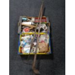Two boxes of hand tools, hardware, door furniture,