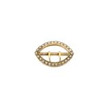 An antique 15ct gold pearl set buckle, 2.13g.