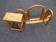 A rustic pine stool together with a pine triple dressing table mirror