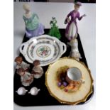 A tray of cabinet china, two Coalport Ladies of Fashion figures, Spanish puppy figure,