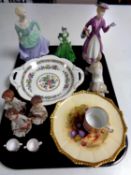 A tray of cabinet china, two Coalport Ladies of Fashion figures, Spanish puppy figure,