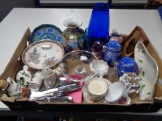 A box of china and glass, Ringtons caddies, comports, cruet set,