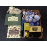 A box of Ringtons china, Chintz tea ware, money boxes, Willow pattern caddies,
