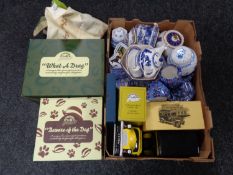 A box of Ringtons china, Chintz tea ware, money boxes, Willow pattern caddies,