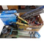 A box of hand tools, mitre saw, case of grinder,