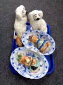 A tray of pair of Staffordshire dogs, Meissen blue and white hors d'oeuvres dish,