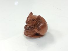 A carved Chinese hardwood netsuke - Rat sat on a nut