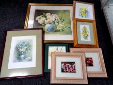 Seven framed prints and watercolours depicting flowers