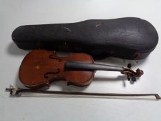 A Stradivarius copy student violin and bow in hard case