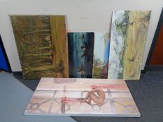 Five unframed oil paintings on board and canvas, landscapes,