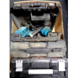 A box containing cased Parkside sander, JCB hammer drill, Makita 9.