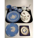 A tray of cabinet china including boxed Royal Worcester Millennium dish, six pieces of Jasper ware,