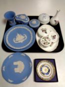 A tray of cabinet china including boxed Royal Worcester Millennium dish, six pieces of Jasper ware,