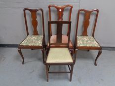 Three Queen Anne style dining chairs together with an Edwardian bedroom chair