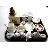 A tray of various china, Royal Albert dish, Hathaway garden collection ornaments and dishes,