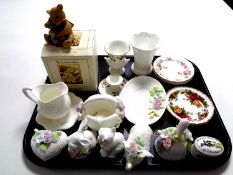 A tray of various china, Royal Albert dish, Hathaway garden collection ornaments and dishes,