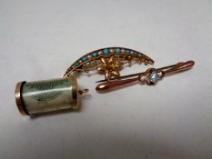 Two 9ct gold seed pearl brooches together with a 9ct gold charm