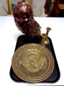 A tray of metal sculpture of an owl together with two brass embossed plaques and pair of antique