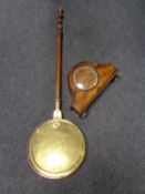 A 1930's walnut cased Smiths Enfield mantel clock together with a copper and brass bed warming pan